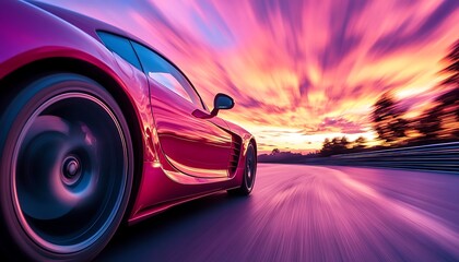 Red car speeding on track. Colorful sky