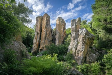 Towering boulders with unusual shapes surrounded by lush greenery and a bright blue sky