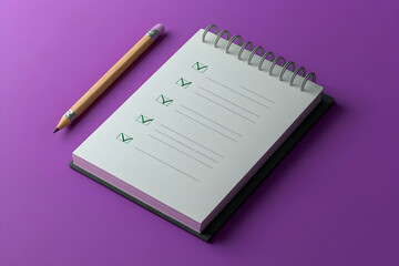 Notepad with completed tasks and a pencil on a purple background