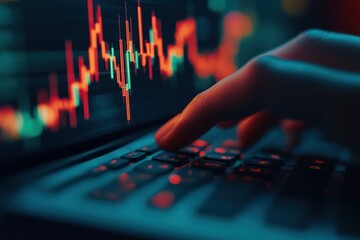 Close-Up Shot of a Hand Typing on a Keyboard with Digital Graphs Floating Above, Captured in a High-Resolution Shot for Data Analysis Concepts and Technology Themes