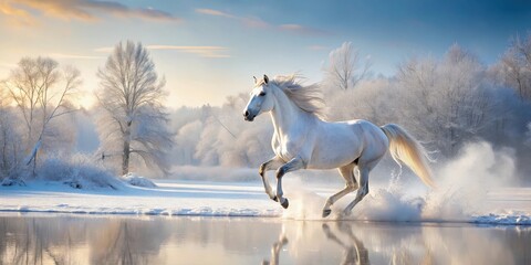 A majestic white horse galloping freely in a snowy landscape with bare trees and a frozen lake in the background, horse