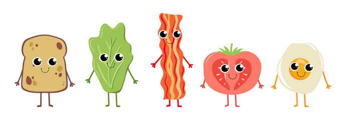 Cartoon characters in the form of food with smiling faces. Vector illustration