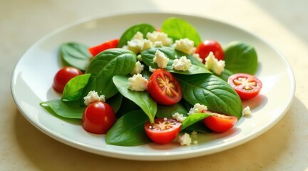 A vibrant spinach salad featuring halved cherry tomatoes and crumbled cheese, artfully arranged on a simple white plate, bathed in sunlight.