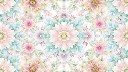 Delicate and seamless floral pattern with soft petals in pastel colors arranged in a symmetrical design on a white background, soft, white background
