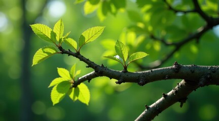 Vibrant New Spring Leaves Emerging on a Branch, Basking in Sunlight's Gentle Embrace