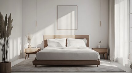 Bedroom Interior with Bed, Neutral Decor and Natural Light Filling Room
