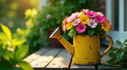 Vibrant bouquet of colorful daisies in a rustic yellow watering can, bathed in sunlight on a weathered wooden surface, surrounded by lush greenery.
