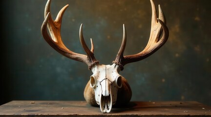 A majestic deer skull with large antlers rests on a rustic wooden surface against a dark, textured background.  The image evokes a sense of wilderness and the passage of time.