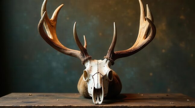 A majestic deer skull with large antlers rests on a rustic wooden surface against a dark, textured background.  The image evokes a sense of wilderness and the passage of time. - Powered by Adobe