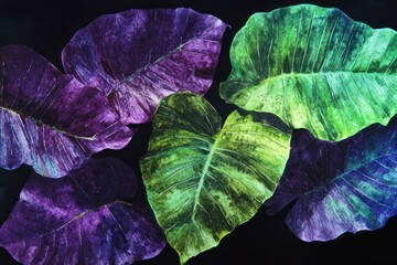 Obraz premium Watercolor-rendered tropical leaf pattern in green and purple tones, set against a black background for contrast.
