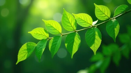 Obraz premium Vibrant Green Leaves Illuminated by Sunlight on a Branch in a Lush Natural Setting