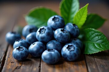 A vibrant cluster of plump blueberries rests on a rustic wooden surface, adorned with fresh, verdant leaves.
