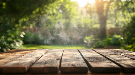 Rustic wooden surface with smoke haze for outdoor events and culinary presentations, ideal for showcasing food or products with a natural, fresh ambiance