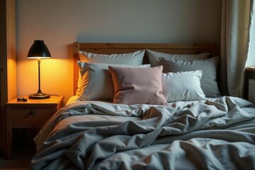 Serene Bedroom Sanctuary Soft Lighting Illuminates a Cozy Bed with Textured Bedding and a Tranquil Atmosphere