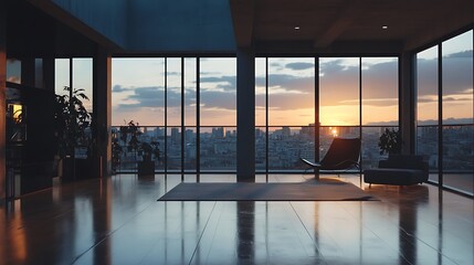 Fototapeta premium Apartment Interior with City View and Sunset Light Through Window