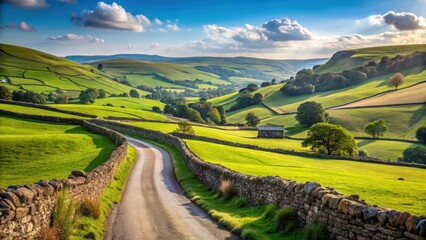 Obraz premium A winding country road stretches through lush green fields and rustic stone walls, surrounded by rolling hills and a clear blue sky , green fields, stone walls