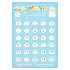 Ramadan Tarawih prayer checklist poster template design, vector illustration for children. A3 size Ramadan checklist poster  