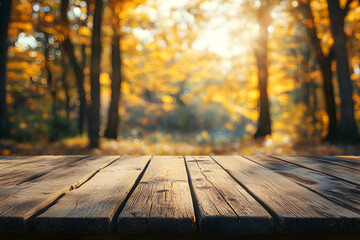 Rustic Wooden Table with Golden Autumn Forest Backdrop, A Natural Display for Seasonal Products and Fall-themed Decorations with Bokeh Effects