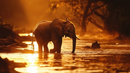 Majestic Elephant Silhouetted Against Golden Sunset by Water