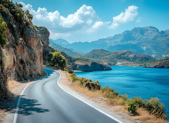 Scenic coastal road winds along cliffs with turquoise sea views