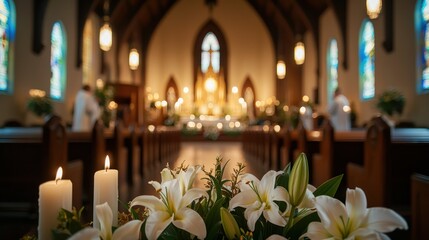 A beautiful church adorned with Easter lilies and candles for a morning celebration