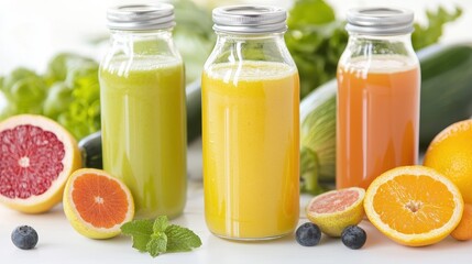 Three colorful juice bottles are showcased, surrounded by fresh fruits and greens, highlighting healthy, vibrant beverages.