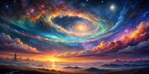 Obraz premium Celestial Watercolor Landscape: Dreamy Night Sky with Distant Stars