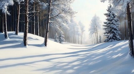 Obraz premium A serene winter landscape featuring snow-covered trees and a peaceful path through a quiet, snowy forest.