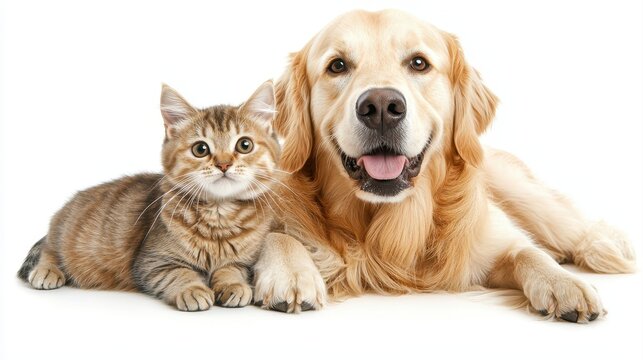 A golden retriever and a tabby cat sit together, exuding warmth and companionship against a white background.