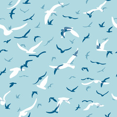 Flock of flying silhouette birds. Birds seamless pattern. White seagulls on a blue background. Vector i