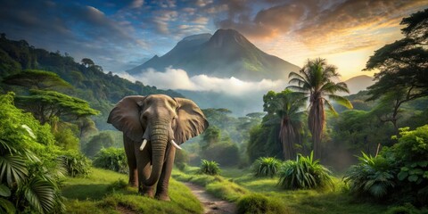 A majestic elephant makes its way through a dense jungle towards a solitary mountain peak, forest, serenity,  forest