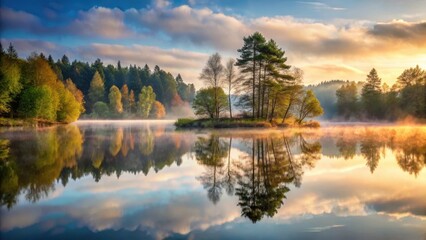 Fototapeta premium Serene forest lake at dawn with misty atmosphere and trees reflected on water, nature, UK landscape