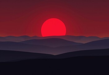 Minimalist Red Sun Wallpaper: A Sleek Desktop Background Featuring a Bold Red Sun Rising Behind Rolling Fog, Designed with Smooth Gradients, Warm & Cool Tones, and a Clean, Distraction-Free Art Style.