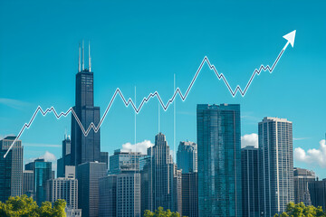 Obraz premium Skyline Optimism, A city's skyline under a clear blue sky with an upward trending stock market arrow symbolizing growth and promising future opportunities.