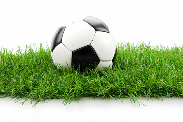 Fototapeta premium Soccer Ball Resting on Lush Green Grass, Symbolizing Sport, Recreation, and the Outdoors, Ideal for Game or Activity Related Designs and Advertisements