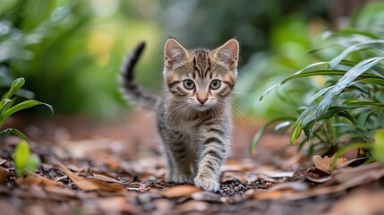 Obraz premium Adorable tabby kitten walking on a leaf-covered path in a garden.