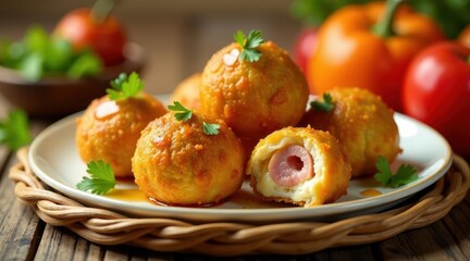 Golden-brown cheese balls with savory filling, arranged on a plate, garnished with fresh herbs, ready to be enjoyed