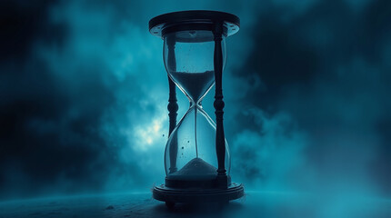 A haunting depiction of time as a warped hourglass, its flowing sands suspended unnaturally, bathed in eerie blues, greens, and purples, with shadowy details evoking an unsettling atmosphere.
