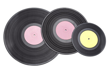 Three colorful vinyl records showing diversity and music passion. No AI tools