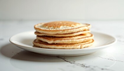 Stack of pancakes, appetizing mood, served on a white plate, marble background