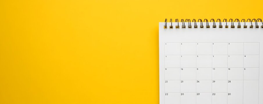 Blank calendar page against bright yellow background shows empty boxes