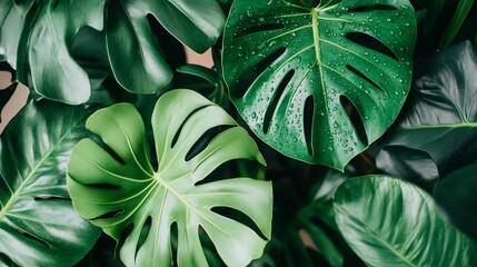 Lush green tropical leaves with water droplets.