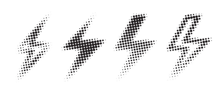 Lightning in halftone style. Symbol of energy, electric thunder on white background.