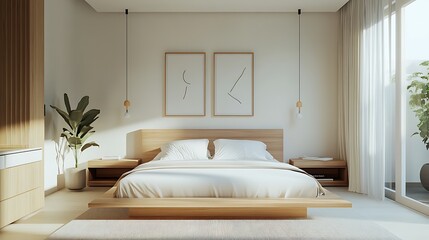 Modern Bedroom with Natural Wood Bed Frame and Minimalist Wall Art