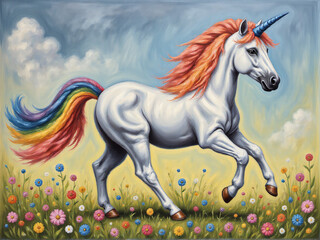 A vibrant and whimsical depiction of a unicorn trotting through a field of colorful flowers under a bright blue sky.