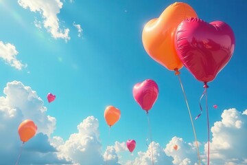 Heart-shaped balloons ascend against a vibrant blue sky, drifting amidst fluffy white clouds, a joyful and uplifting scene.