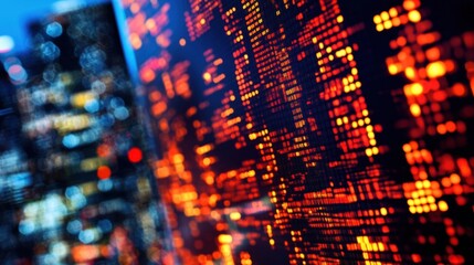 Obraz premium A close up of a city skyline with a large screen displaying a series of numbers