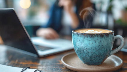 close up photo of steaming coffee cup on wooden table, with laptop in background, creating cozy atmosphere for work or relaxation