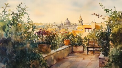 Rooftop Garden View: Watercolor Capital Cityscape with Flowers and Bench 