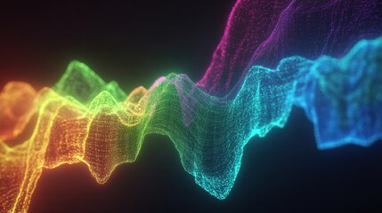 A colorful wave of light is displayed on a dark background